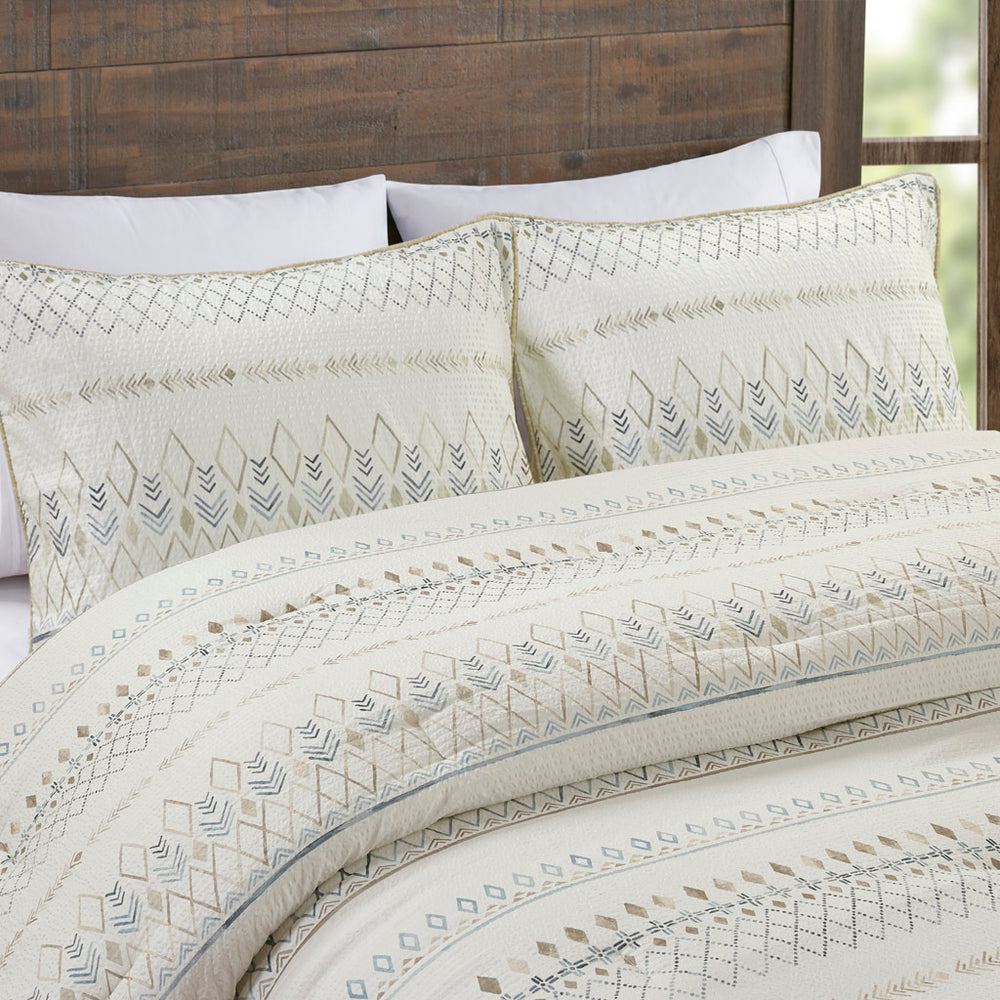 5 Piece Printed Seersucker Comforter Set with Throw Pillows Taupe/Blue Full/Queen Media 15