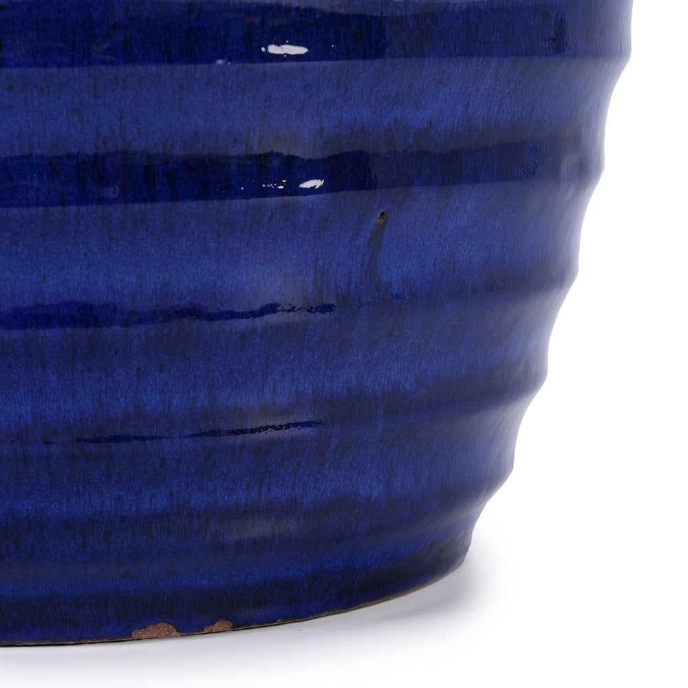 Handmade Sapphire Blue Ceramic Planter, 17 Inch Diameter, 1 Piece, Horizontal Ripples Pattern, for Monstera and Fiddle Leaf Fig, Indoor & Outdoor Doorway Use, Breathable Clay Media 12