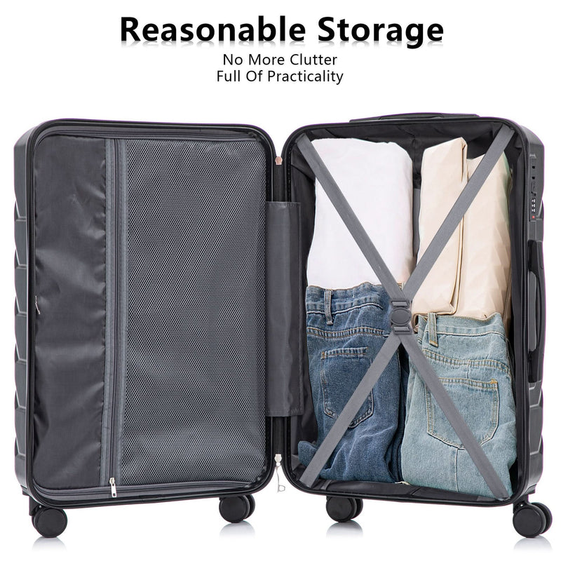 ABS Luggage Set 20 24 28 Inch Spinner Wheels Black Durable 3-Piece & Combination Lock