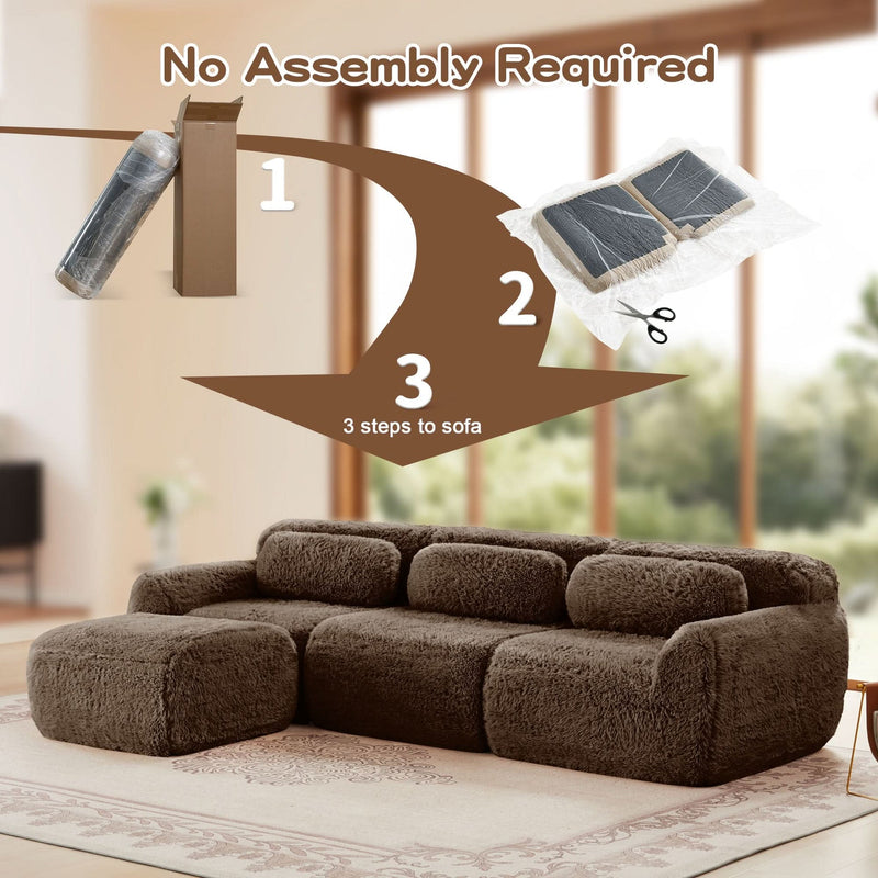 L-Shaped Sofa Plush Fabric With Movable Ottoman & Throw Pillows Chocolate