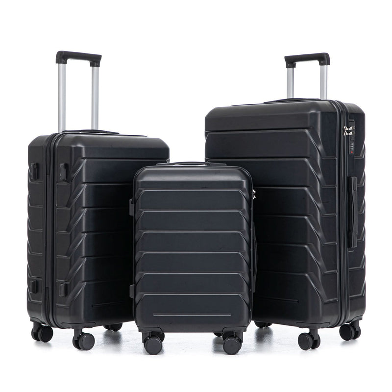 ABS Luggage Set 20 24 28 Inch Spinner Wheels Black Durable 3-Piece & Combination Lock