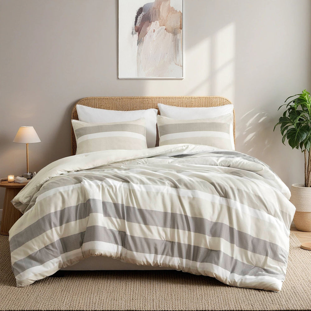 3-Piece King/Cal King Stripe Textured Print Comforter Set,Neutral Media 13