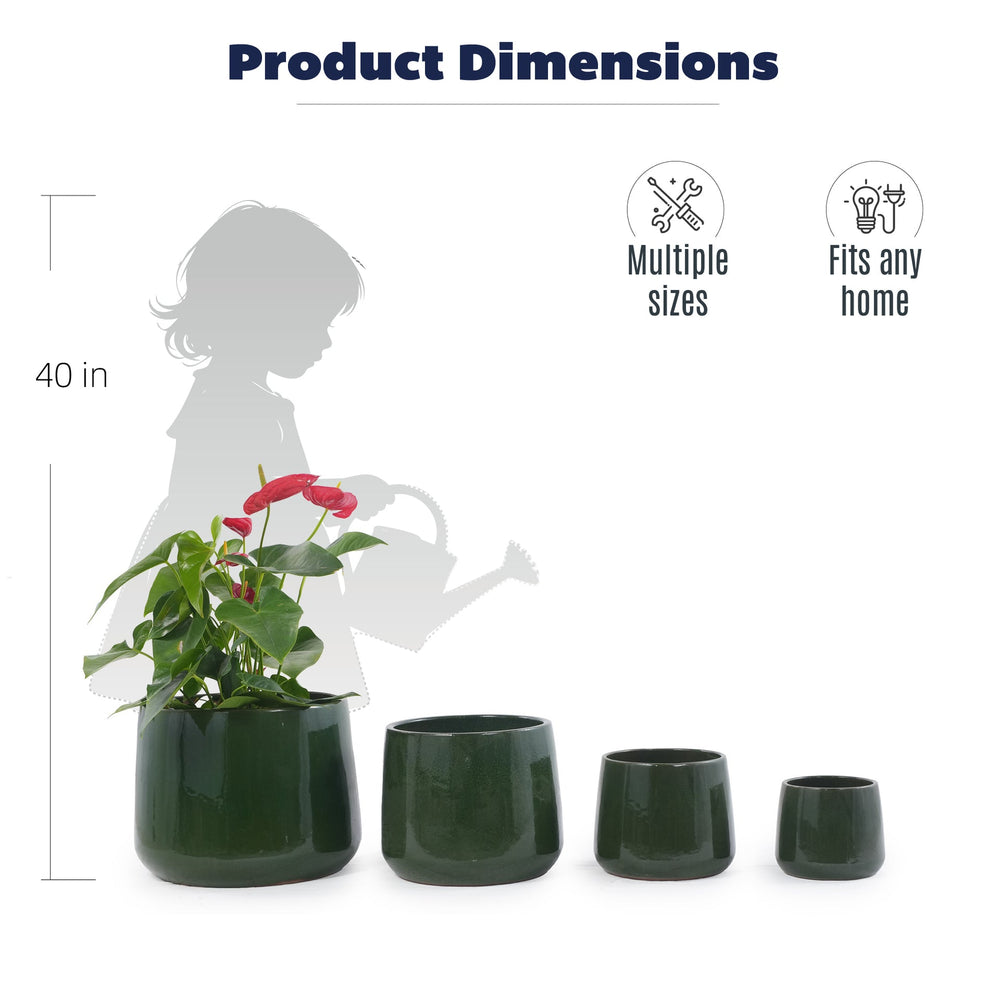Handmade Solid Glazed Ceramic Planter Set of 4, 14/11/9/7 Inch Diameter, Deep Green, for Succulents and Cacti, Outdoor Garden & Indoor Stairs Use, Breathable Clay with Drainage Holes Media 6