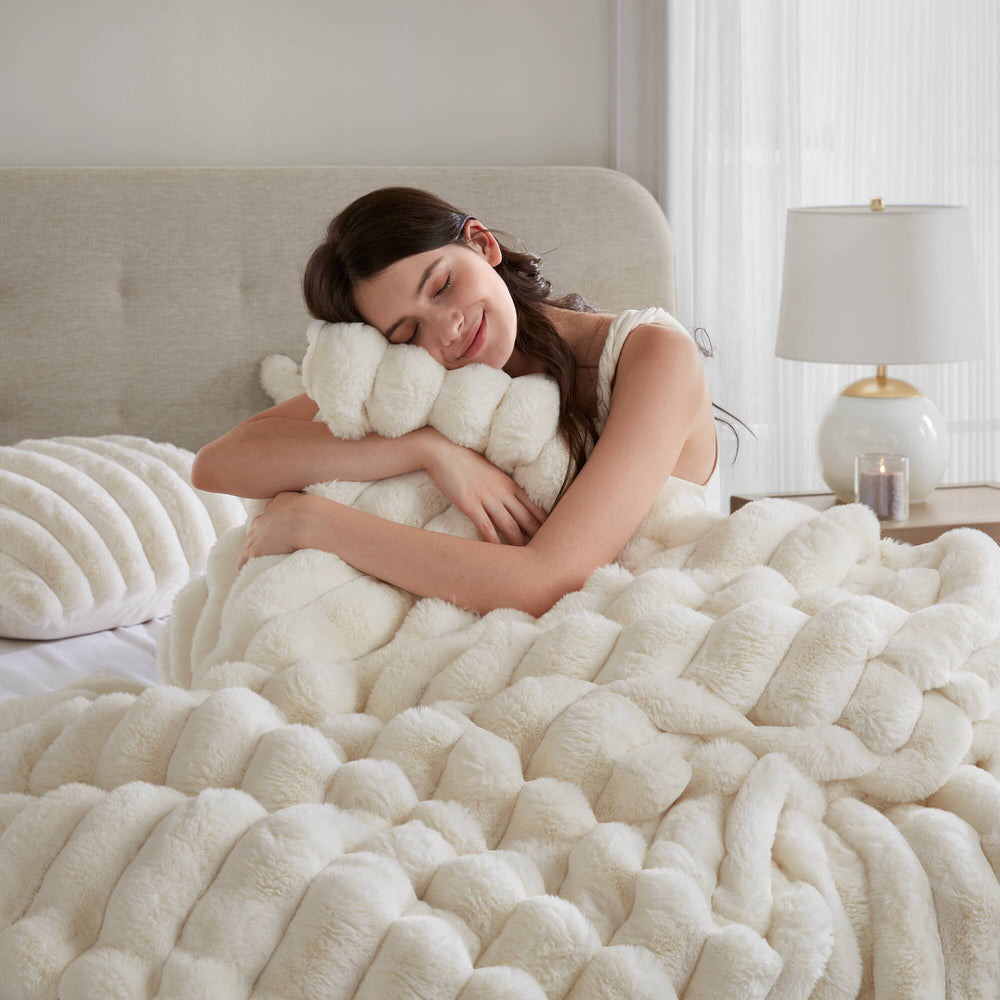 3-Piece King  soft Faux Fur Ribbed Comforter Set,Ivory Media 13