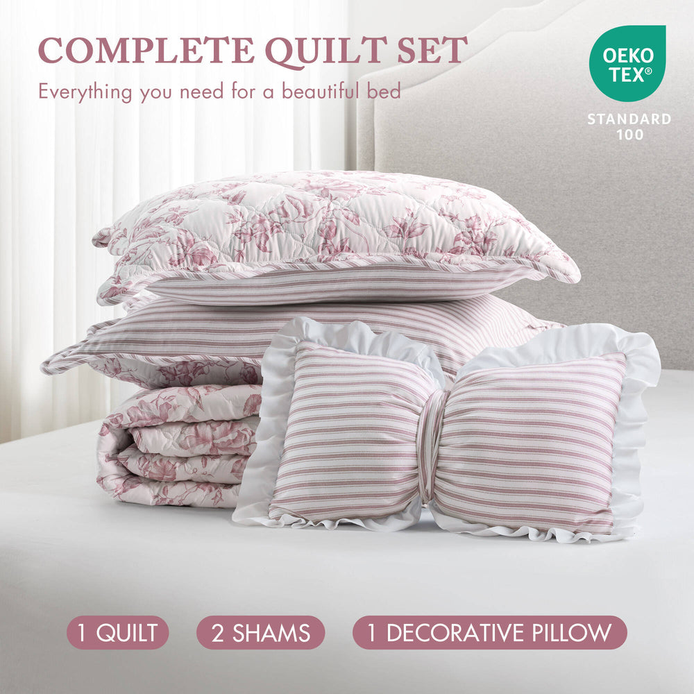 4 Pieces King  Quilt Set with Decorative Pillow,Pink Media 12