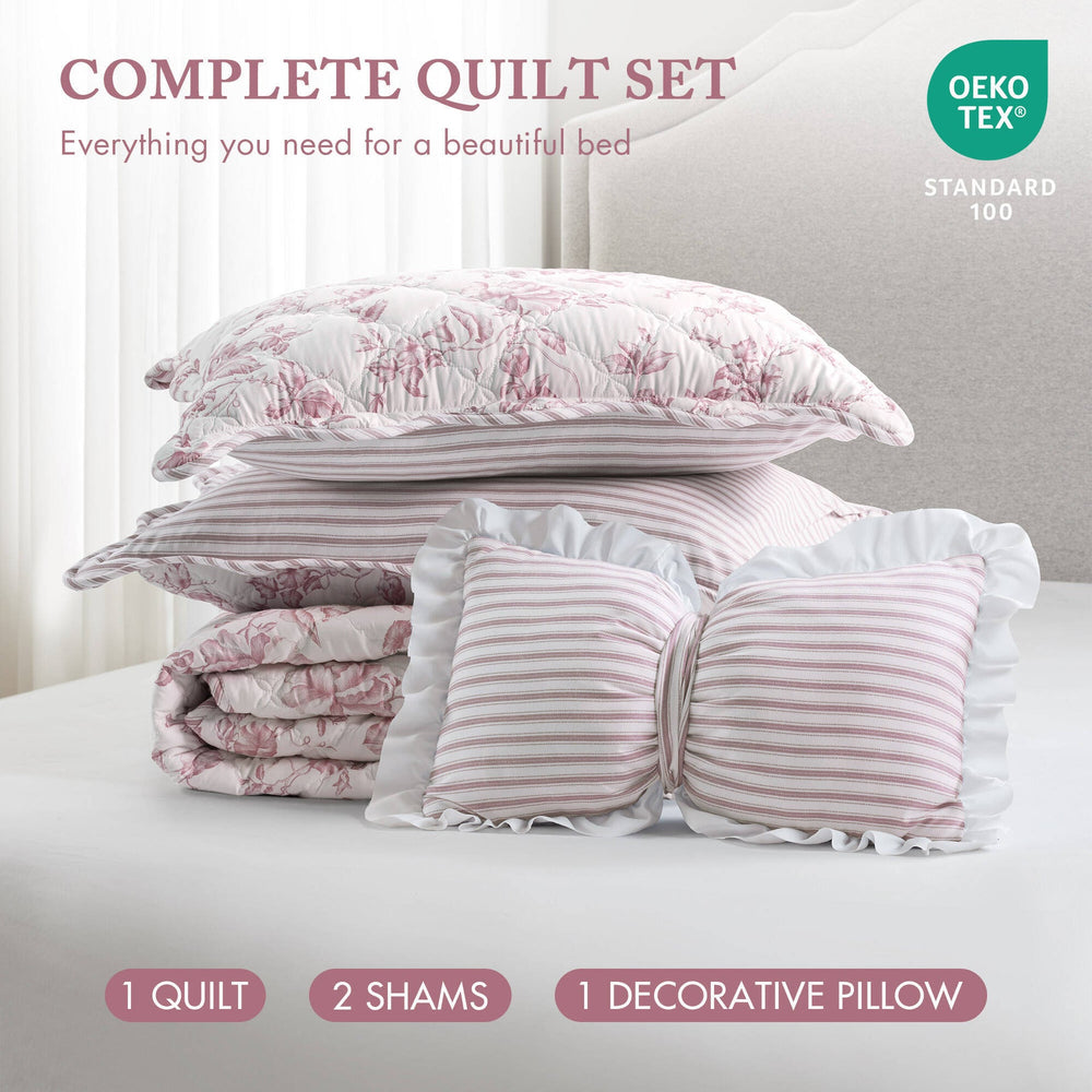 4 Pieces Full/Queen  Quilt Set with Decorative Pillow,Pink Media 12