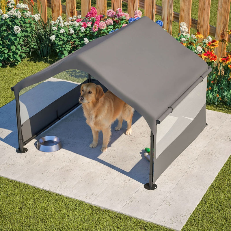Extra Large Outdoor Dog House Tent with 3-Sided Mesh Windows, Breathable Sun Rain Cover Pet Shelter with Canopy and Ground Stakes for Dogs, Cats, Livestock – 4' x 4' x 3.3', Gray