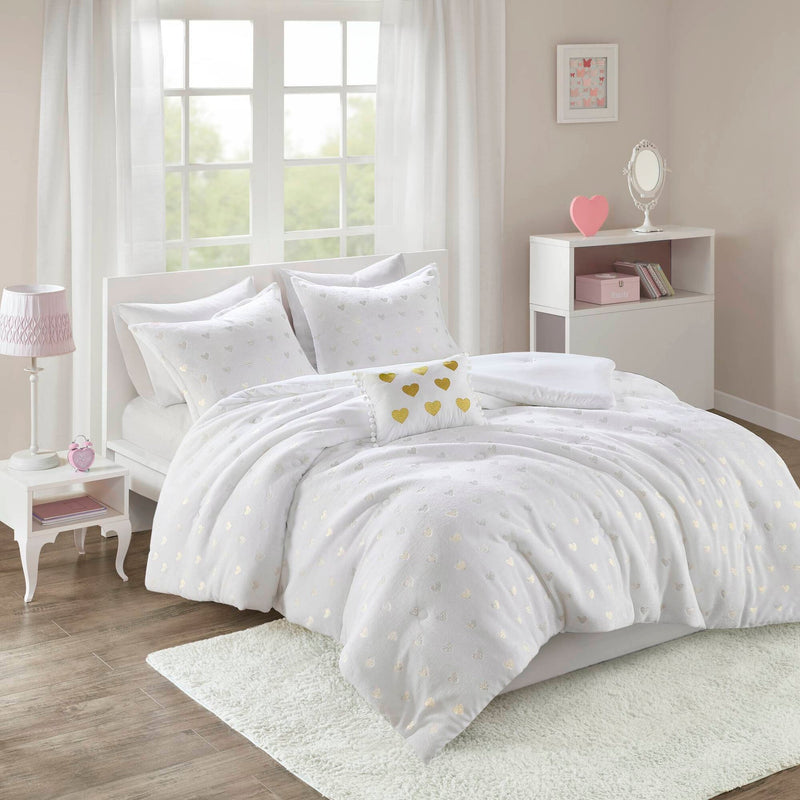 4 PCS Full/Queen Metallic Printed Plush Comforter Set with Throw Pillow White/Gold