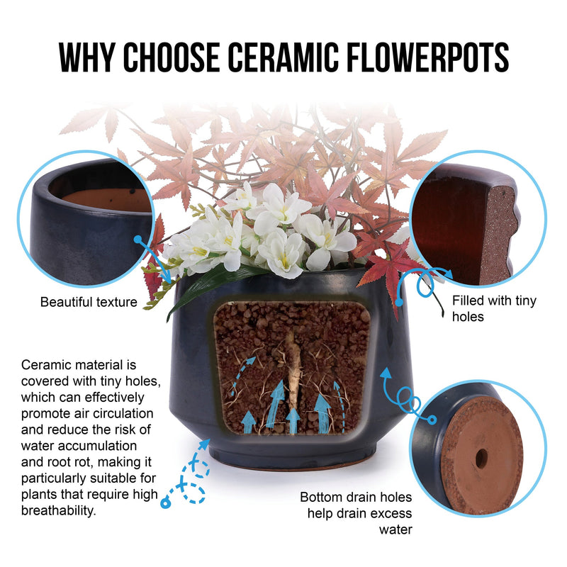 Handmade Black Matte Glazed Ceramic Planter Set of 3, 15/11/9 Inch Diameter, Textured Finish for Orchids & Begonias, Indoor/Outdoor Use on Windowsill & Bookshelf, Breathable Clay