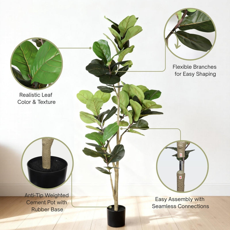6FT Real Touch Fake Fiddle Leaf Fig Tree in Black Plastic Pot with Green Fabric Leaves, Indoor Decor for Home Office Living Room Corner