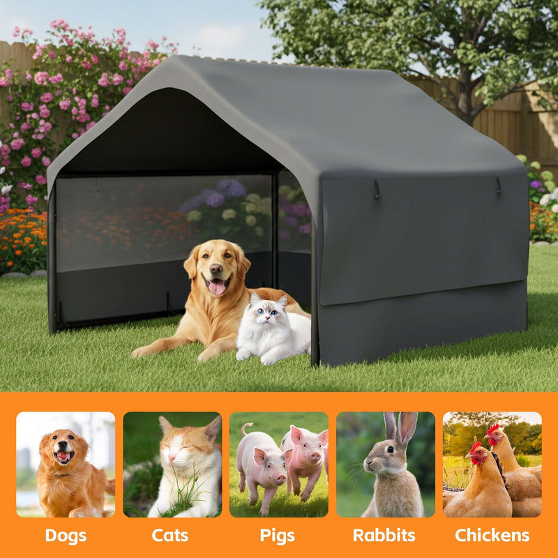 Extra Large Outdoor Dog House Tent with 3-Sided Mesh Windows, Breathable Sun Rain Cover Pet Shelter with Canopy and Ground Stakes for Dogs, Cats, Livestock – 4' x 4' x 3.3', Gray