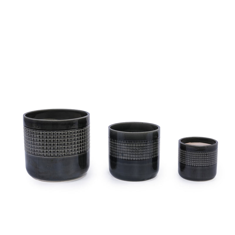 Handmade Black Glazed Ceramic Planter Set of 3, 9' 7' 6' Diameter, Grid Pattern, for Succulents & Cacti Indoor/Outdoor Shelf & Table Use, Porous Clay with Drainage Holes