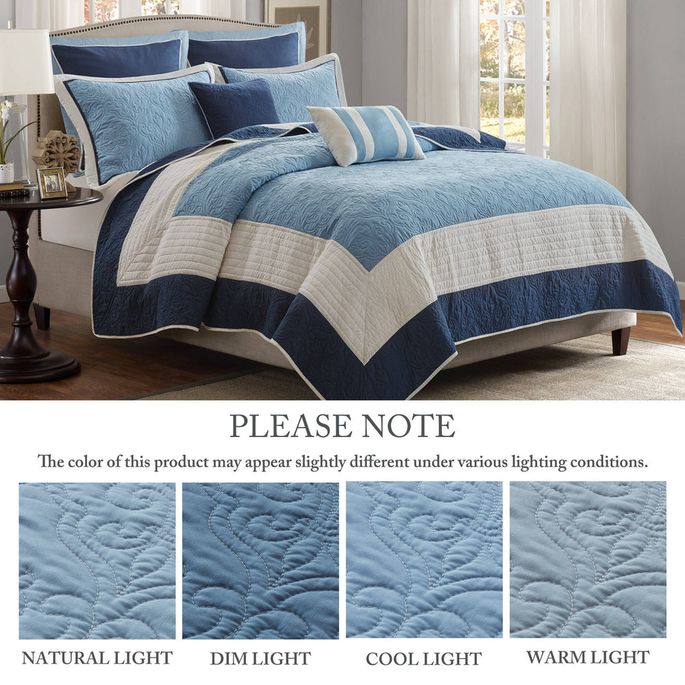 7-Piece King/Cal King 7 Piece Quilt Set with Euro Shams and Throw Pillows,Navy Media 8