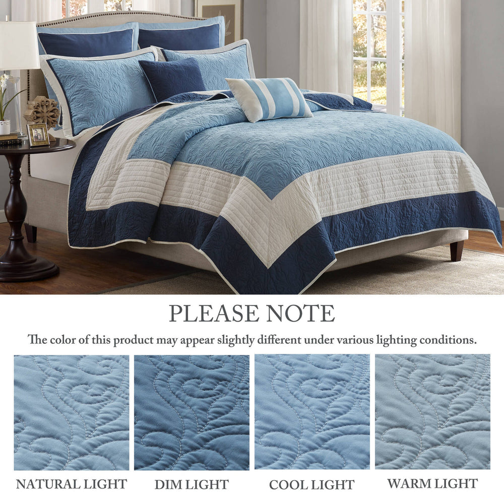 7-Piece Full/Queen 7 Piece Quilt Set with Euro Shams and Throw Pillows,Navy Media 8