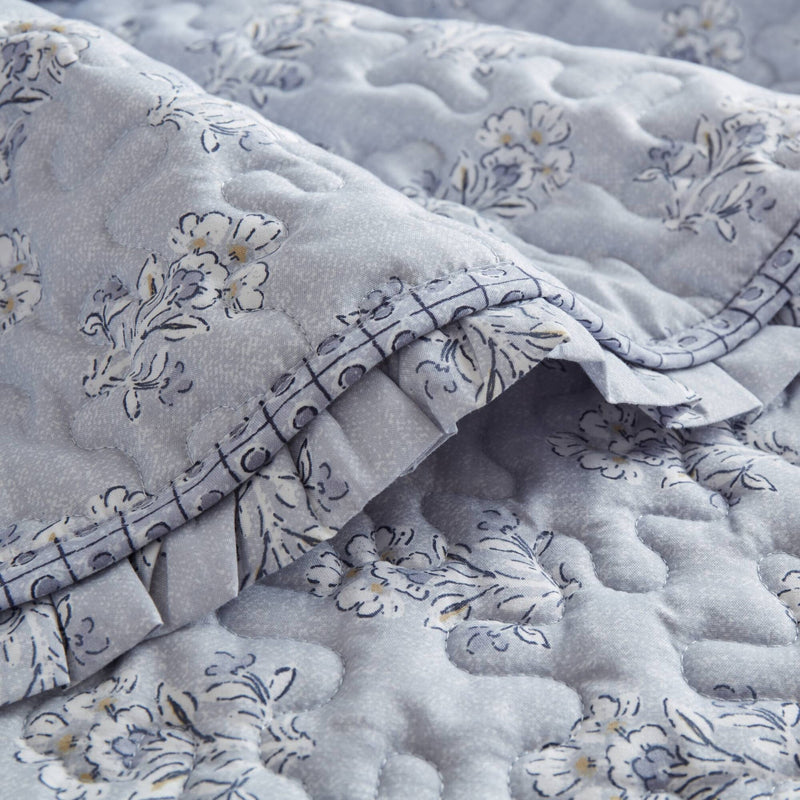 3-Piece Queen 3 Piece Ruffle Printed Quilt Set,Blue