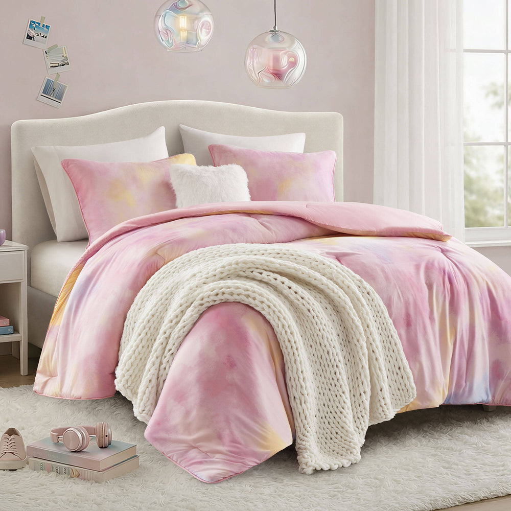 4 Pieces King/Cal King Watercolor Tie Dye Printed Comforter Set with Throw Pillow,Pink Media 6