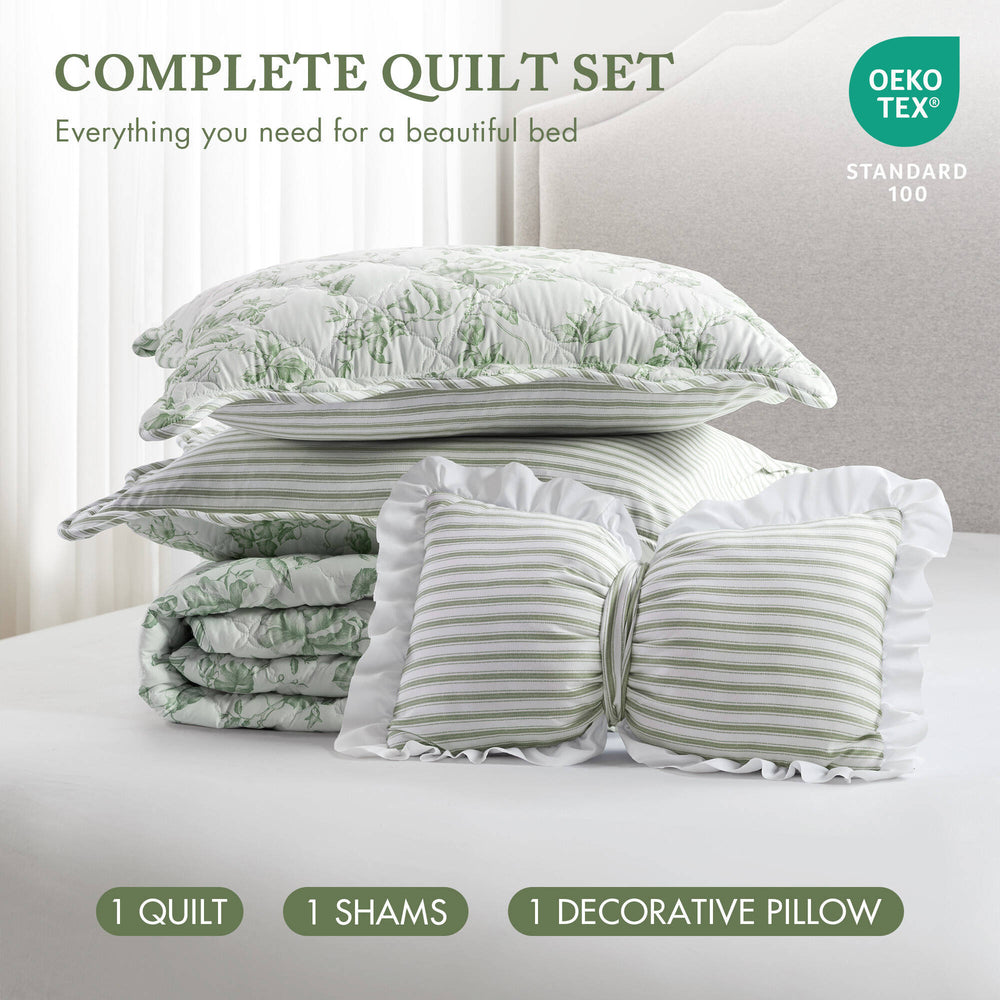 3 Pieces Twin/Twin XL Quilt Set with Decorative Pillow,Green Media 5
