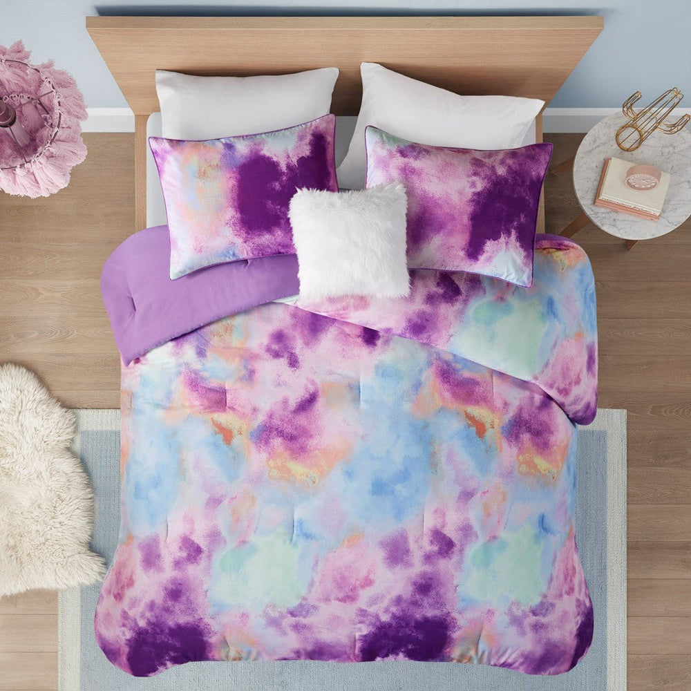 King/Cal King Watercolor Tie Dye Printed Comforter Set with Throw Pillow Media 3