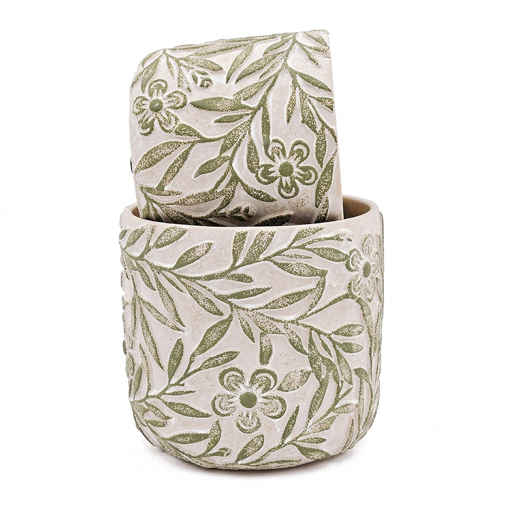 S/2 Gray Sand and Cement Planters with Etched Green Floral Motif, L:D6.7x6.3' S:D5.5x5' Media 4