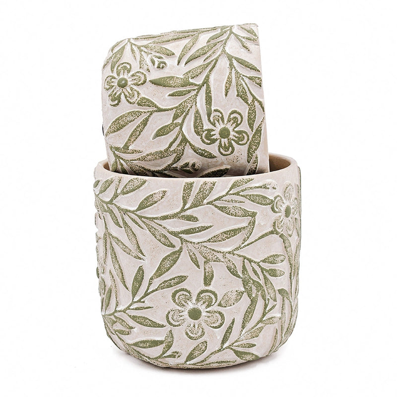 S/2 Gray Sand and Cement Planters with Etched Green Floral Motif, L:D6.7x6.3' S:D5.5x5'