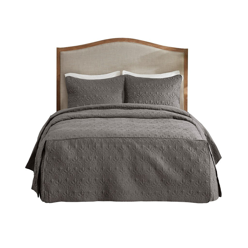 3 Piece Split Corner Pleated Quilted Bedspread Dark Grey King Media 2