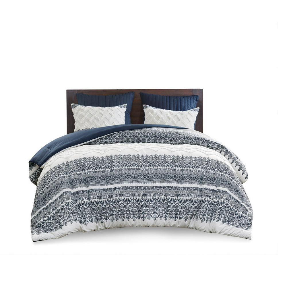 3 Piece Cotton Comforter Set with Chenille Tufting Navy Full/Queen Media 12