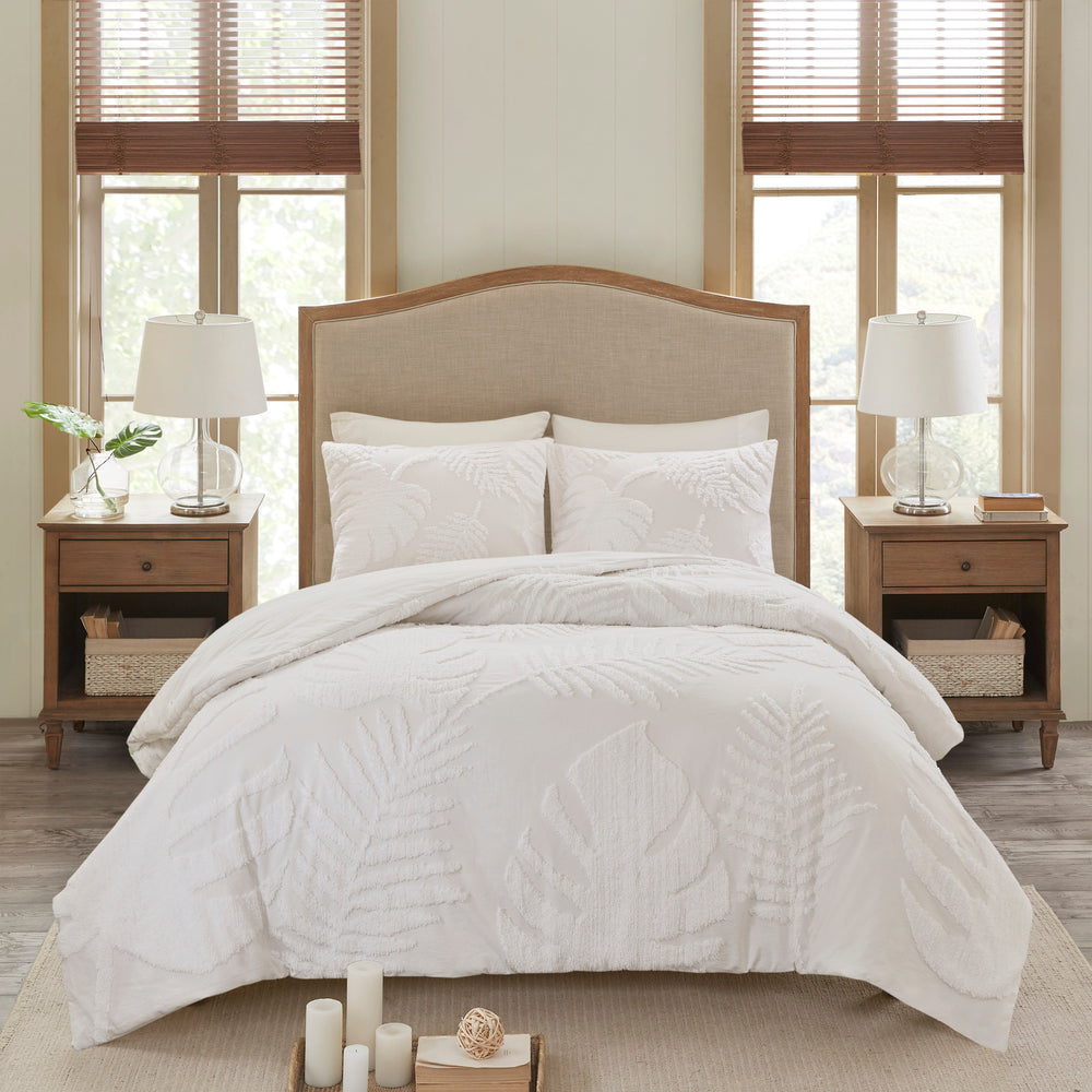 Full/Queen 3 Piece Tufted Cotton Chenille Palm Duvet Cover Set Media 4