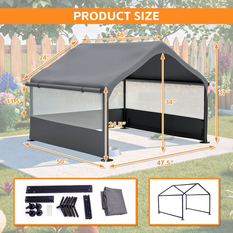 Extra Large Outdoor Dog House Tent with 3-Sided Mesh Windows, Breathable Sun Rain Cover Pet Shelter with Canopy and Ground Stakes for Dogs, Cats, Livestock – 4' x 4' x 3.3', Gray