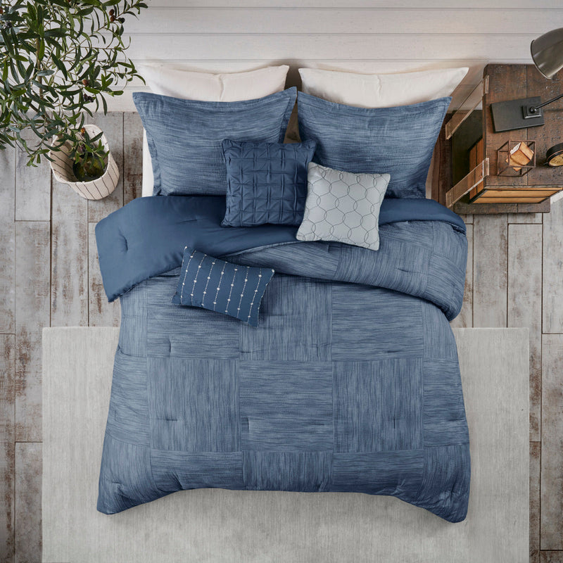 7 Piece Printed Seersucker Comforter Set Navy Cal King