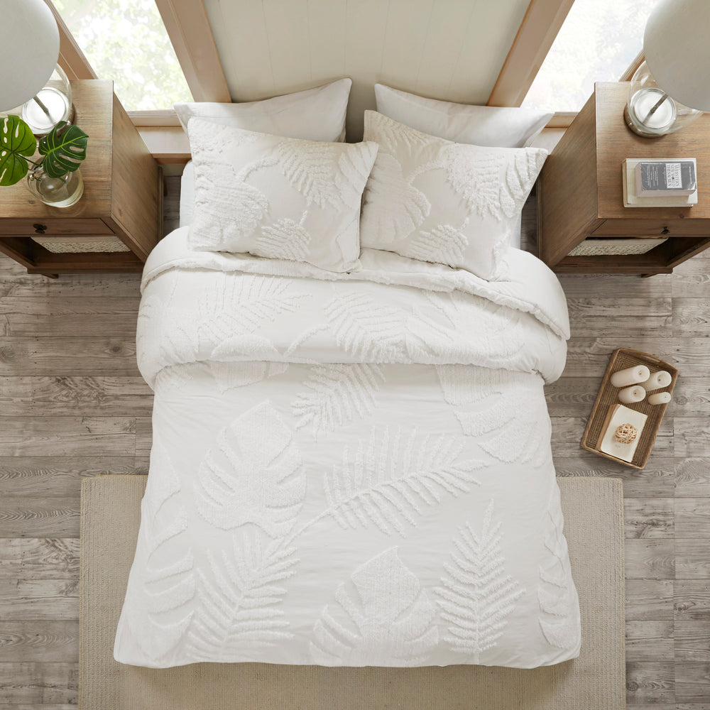 3 Piece Tufted Cotton Chenille Palm Comforter Set Off-White Full/Queen Media 10