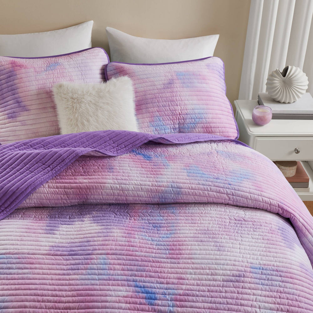4 Pieces Full/Queen Watercolor Tie Dye Printed Quilt Set with Throw Pillow,Purple Media 18