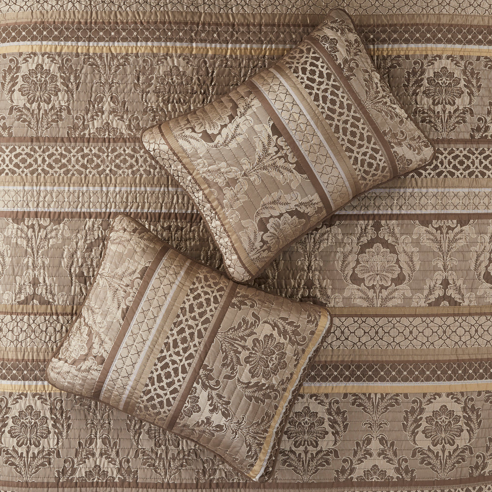 6 Piece Jacquard Quilt Set with Throw Pillows Brown/Gold Full/Queen Media 8