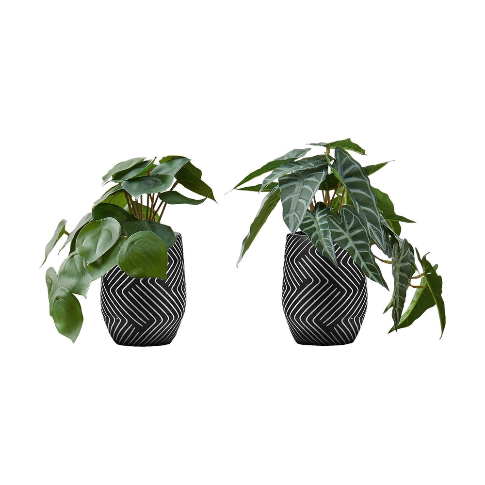 Artificial Alocasia Plant Set of 2, 8' Tall, Green Faux Indoor Decor with Black Cement Pots, Realistic Leaves, Tabletop Greenery Media 1