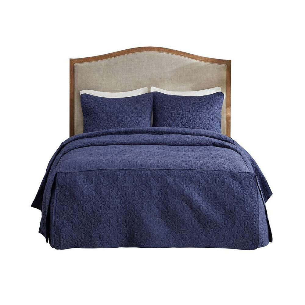 3 Piece Split Corner Pleated Quilted Bedspread Navy Queen Media 13