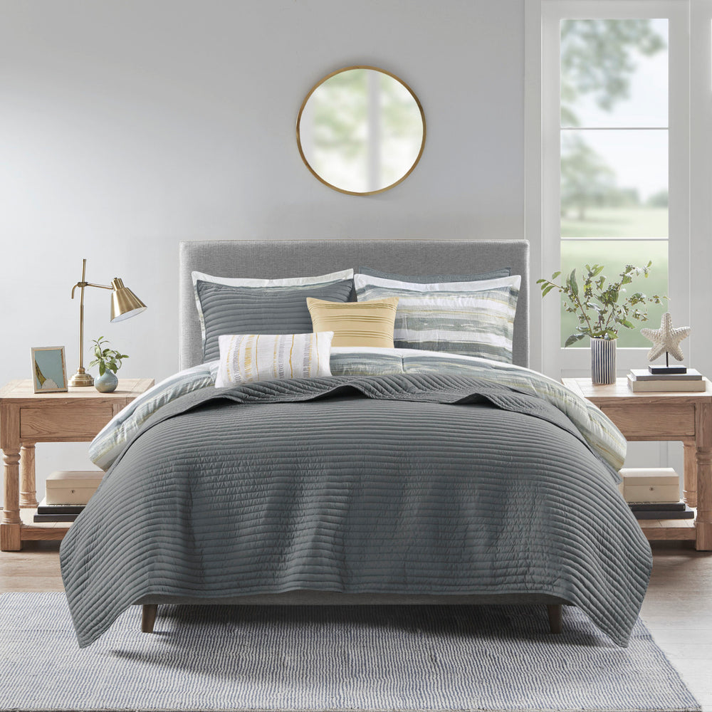 8 Piece Printed Seersucker Comforter and Quilt Set Collection Yellow Full/Queen Media 11