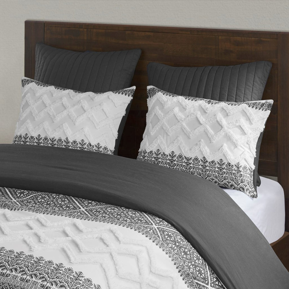 3 Piece Cotton Comforter Set with Chenille Tufting Gray Full/Queen Media 18