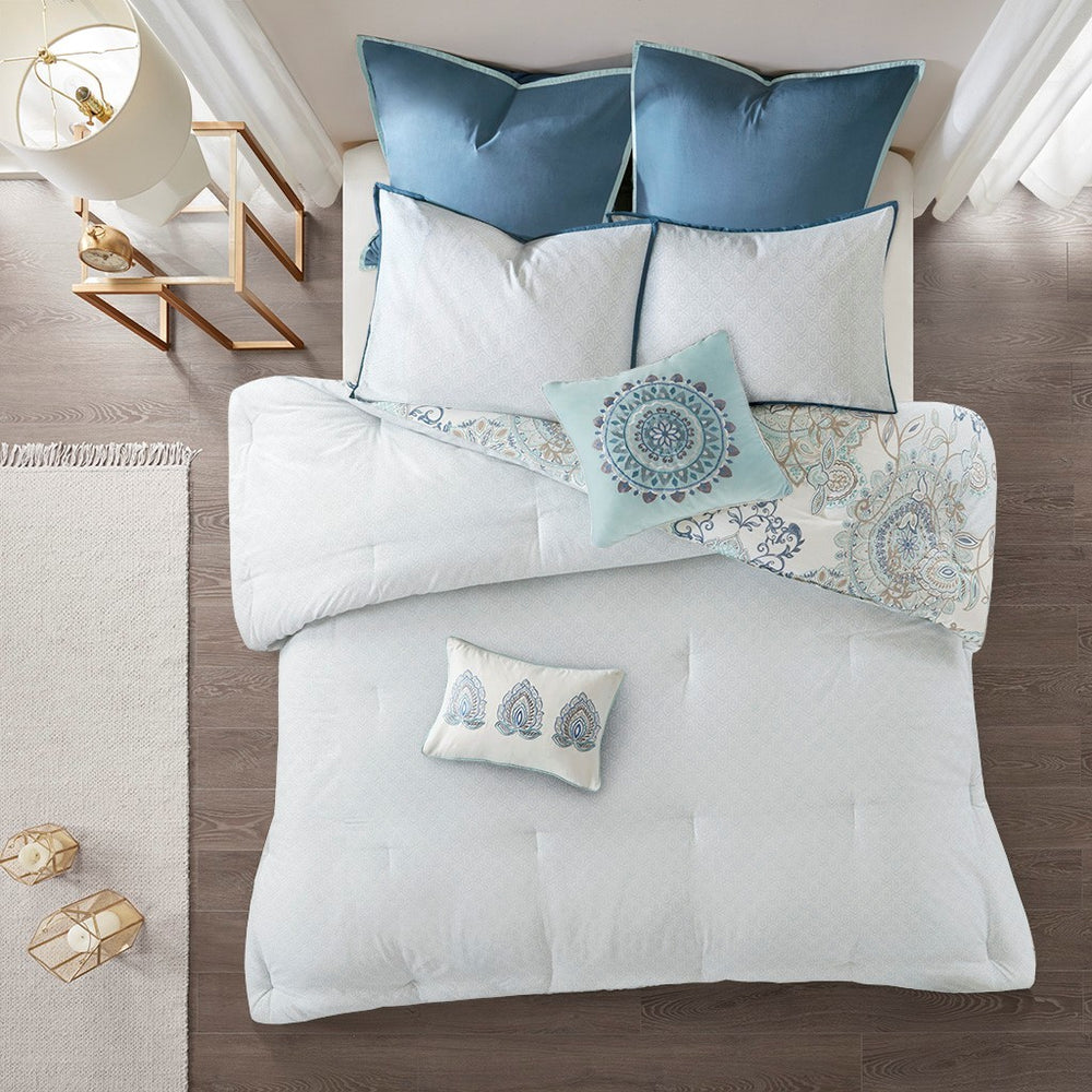8 Piece Cotton Floral Printed Reversible Comforter Set Blue Queen Media 9