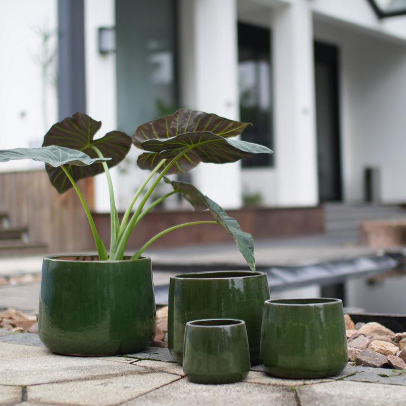 Handmade Solid Glazed Ceramic Planter Set of 4, 14/11/9/7 Inch Diameter, Deep Green, for Succulents and Cacti, Outdoor Garden & Indoor Stairs Use, Breathable Clay with Drainage Holes