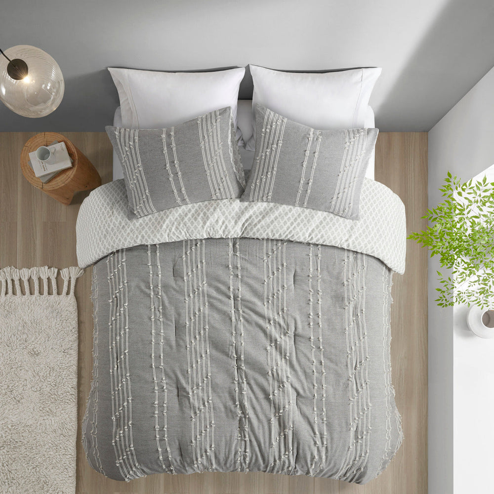 3 Piece Cotton Jacquard Comforter Set Gray Full/Queen Media 4