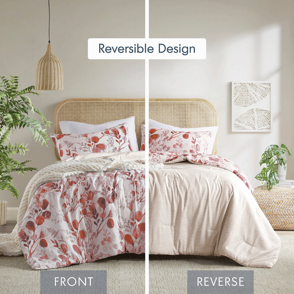 3-Piece King/Cal King Reversible Floral Botanical Seersucker Comforter Set,Pink Media 2
