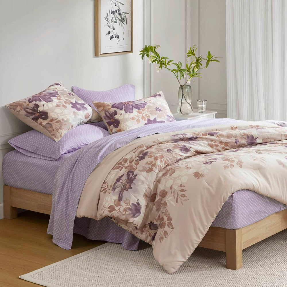 Floral Comforter Set with Bed Sheets Taupe Full Media 1