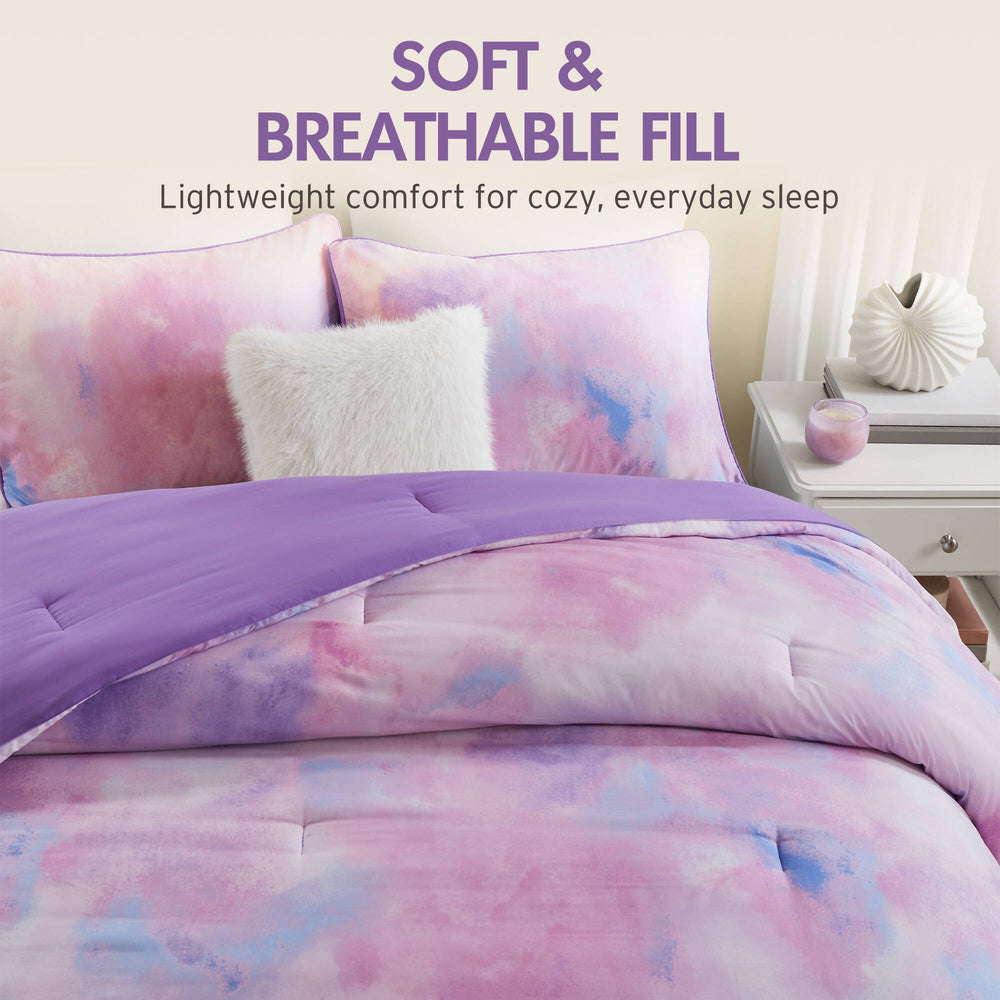 4 Pieces Full/Queen Watercolor Tie Dye Printed Comforter Set with Throw Pillow,Purple Media 10
