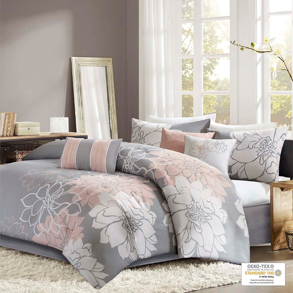 Printed Cotton Sateen Comforter Set Grey/Peach Queen Media 2