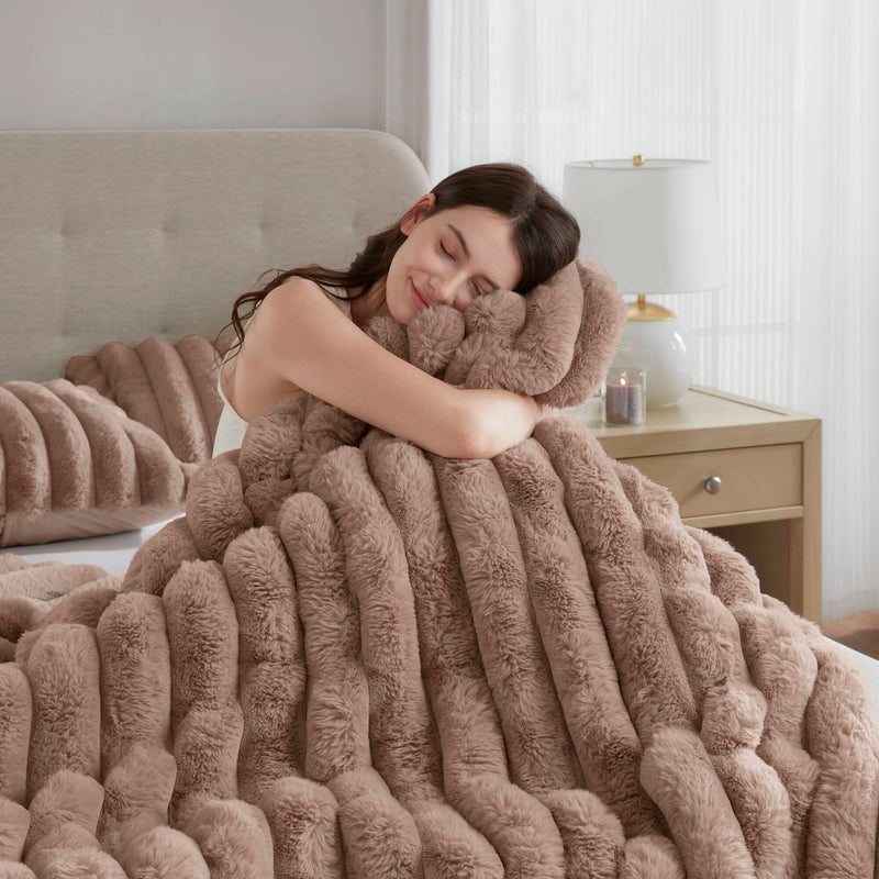 3 Pieces King Ultrasoft Faux Fur Ribbed Comforter Set,Mocha