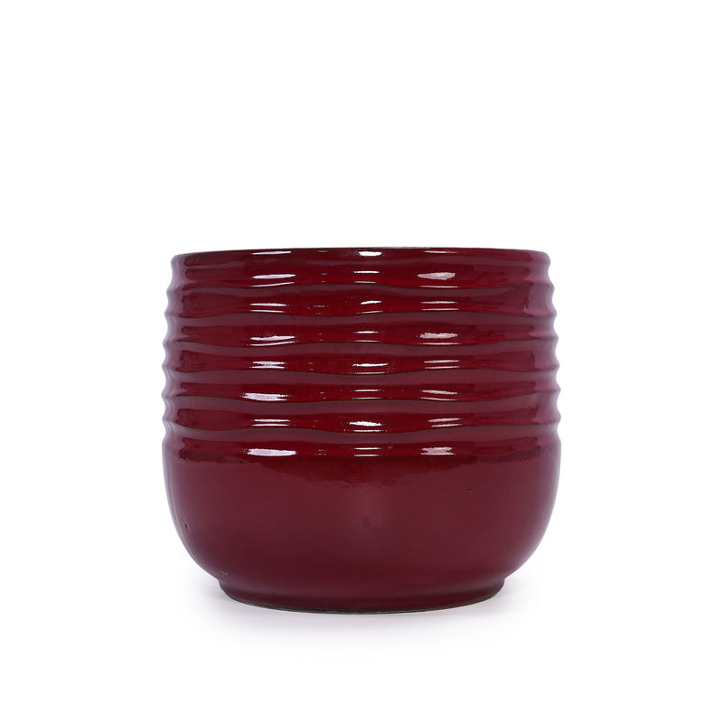 Handmade Glazed Ceramic Planter Set of 3, 15/11/8 Inch Diameter, Horizontal Groove Pattern, for Succulents & Flowering Plants Outdoor Garden & Indoor Staircase Bookshelf Use, Breathable Clay, Deep Red