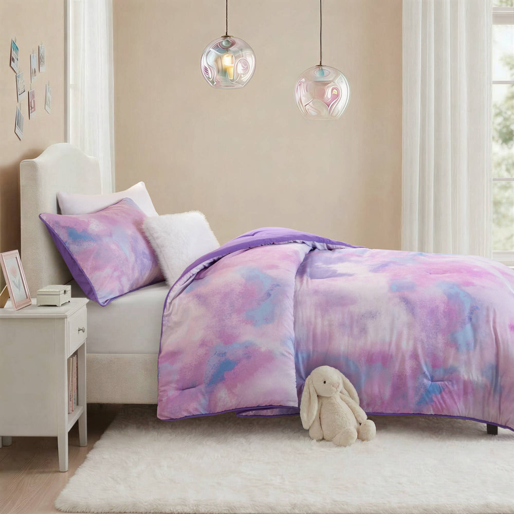 3 Pieces Twin/Twin XL Watercolor Tie Dye Printed Comforter Set with Throw Pillow,Purple Media 15