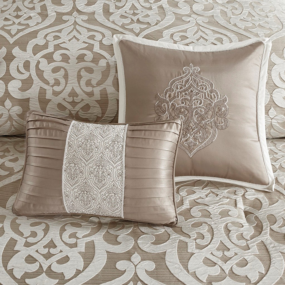 8 Piece Jacquard Comforter Set Tan/Ivory Queen Media 2