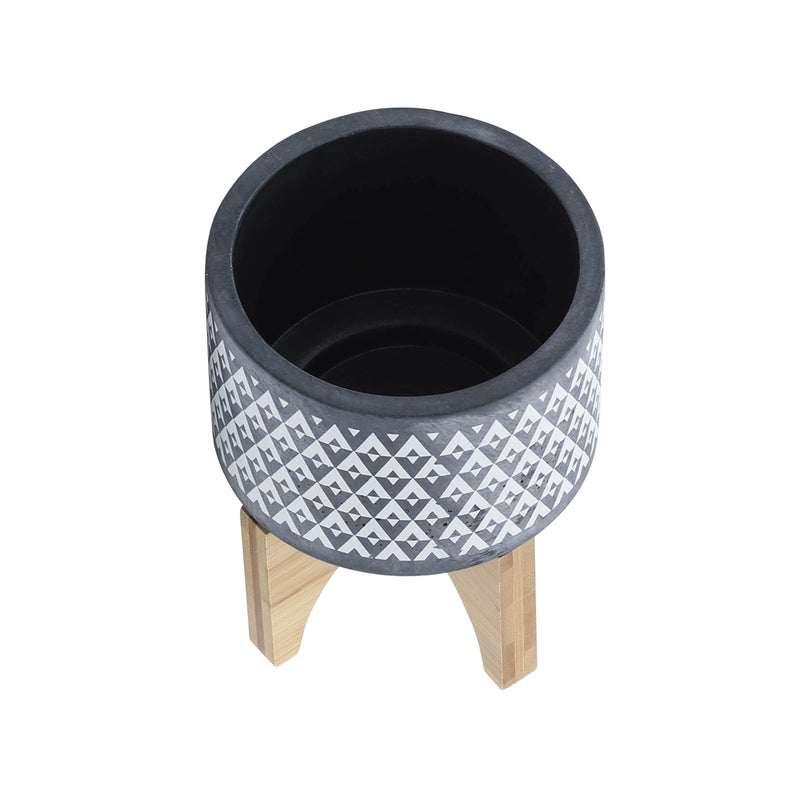 CERAMIC 5' AZTEC PLANTER ON WOODEN STAND, GRAY