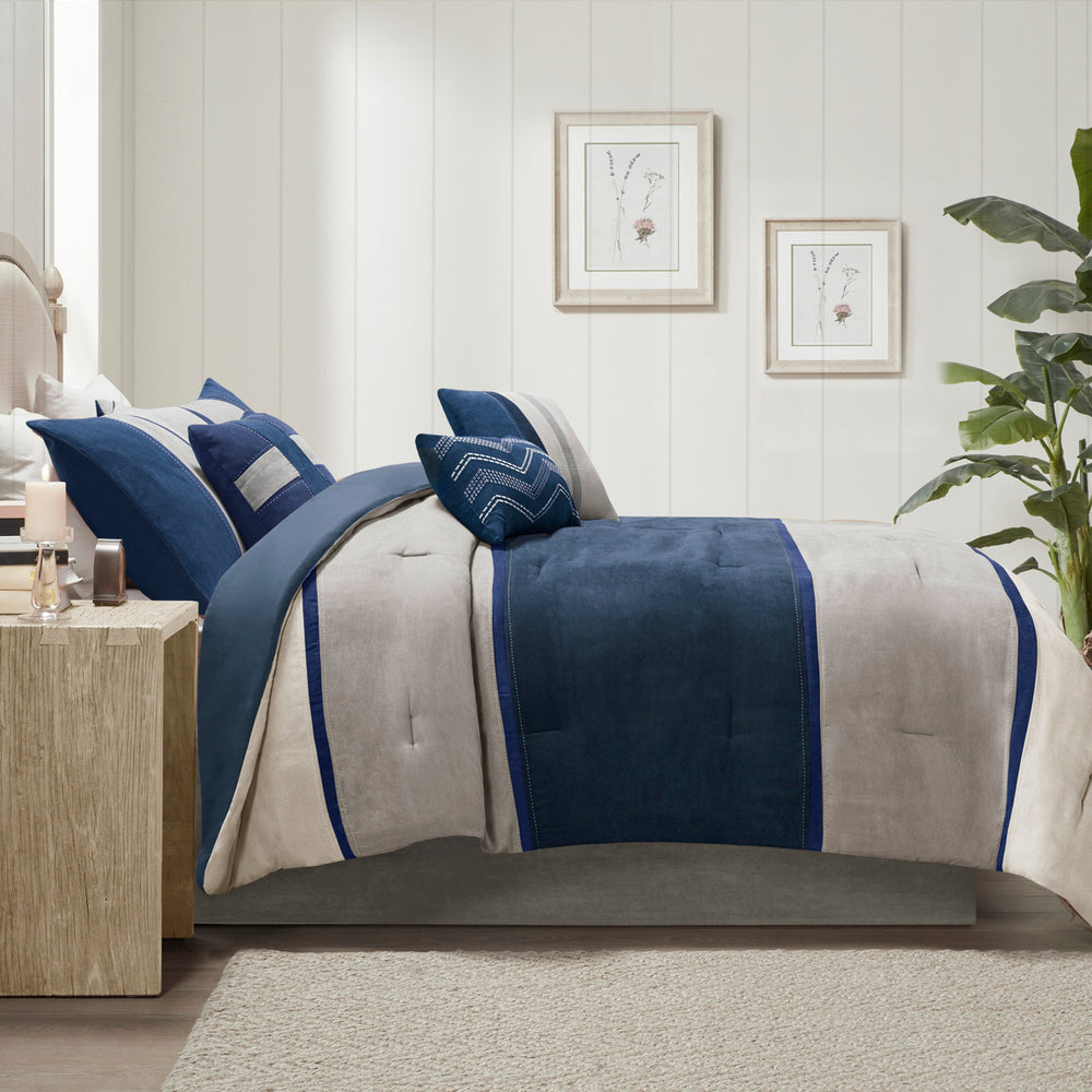7 Piece Faux Suede Comforter Set Blue Queen Media 6