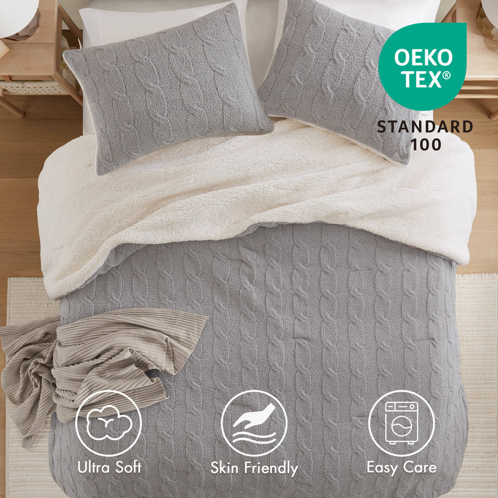 3 Pieces King/Cal King Cable Knit Chenille Comforter Set,Gray Media 4